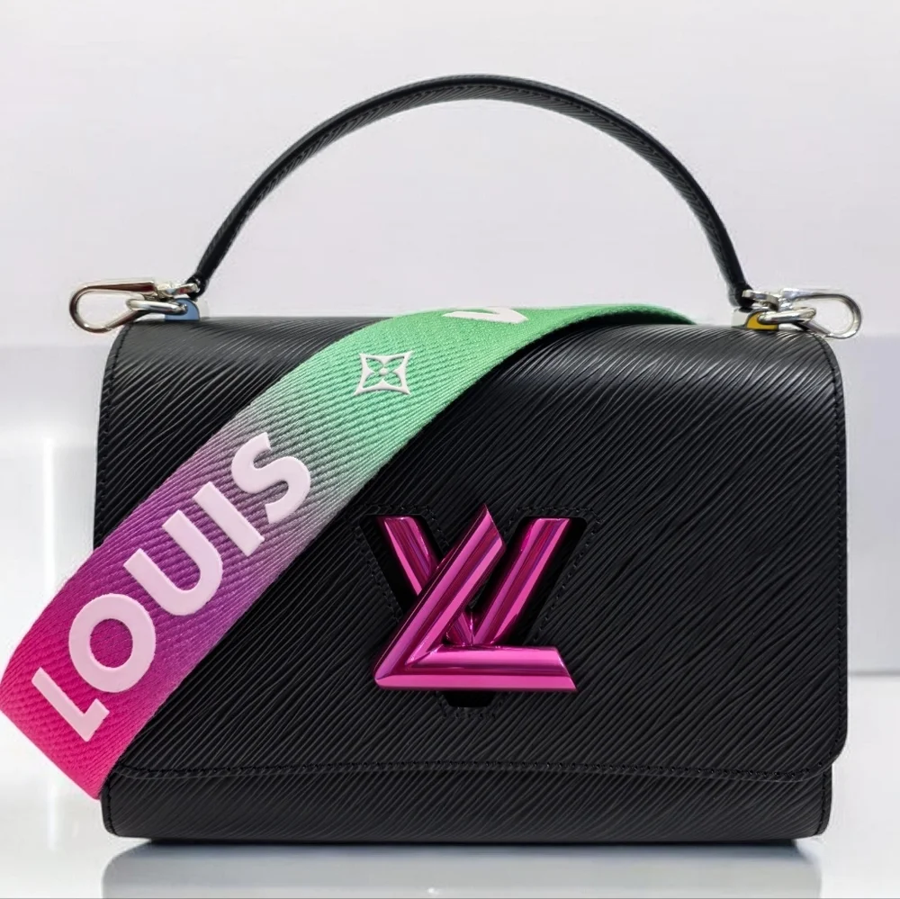 Louis Vuitton Twist MM Epi Limited Edition Black Shoulder Bag Pink Green Strap